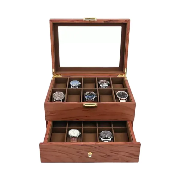 Elegante caja de madera de doble capa para 20 relojes, organizador de relojes con cajón, palisandro