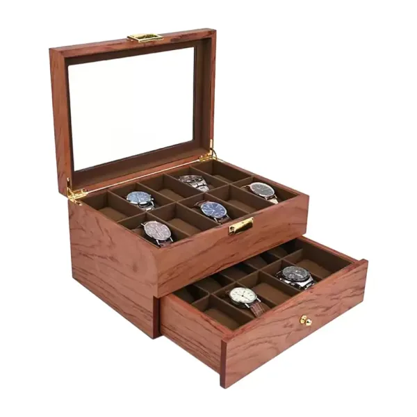 Elegante caja de madera de doble capa para 20 relojes, organizador de relojes con cajón, palisandro