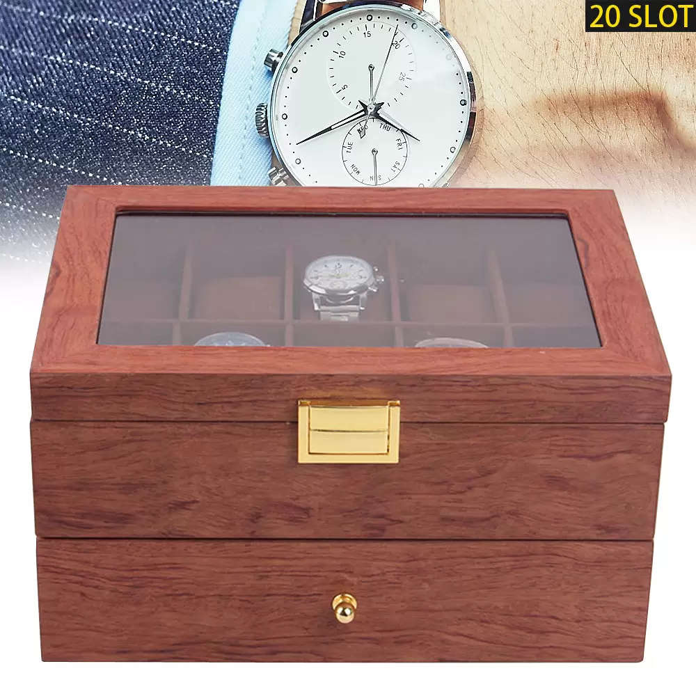 Elegante caja de madera de doble capa para 20 relojes, organizador de relojes con cajón, palisandro