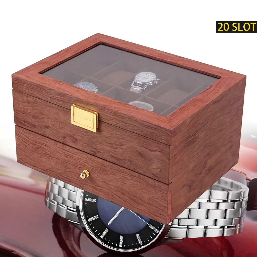 Elegante caja de madera de doble capa para 20 relojes, organizador de relojes con cajón, palisandro