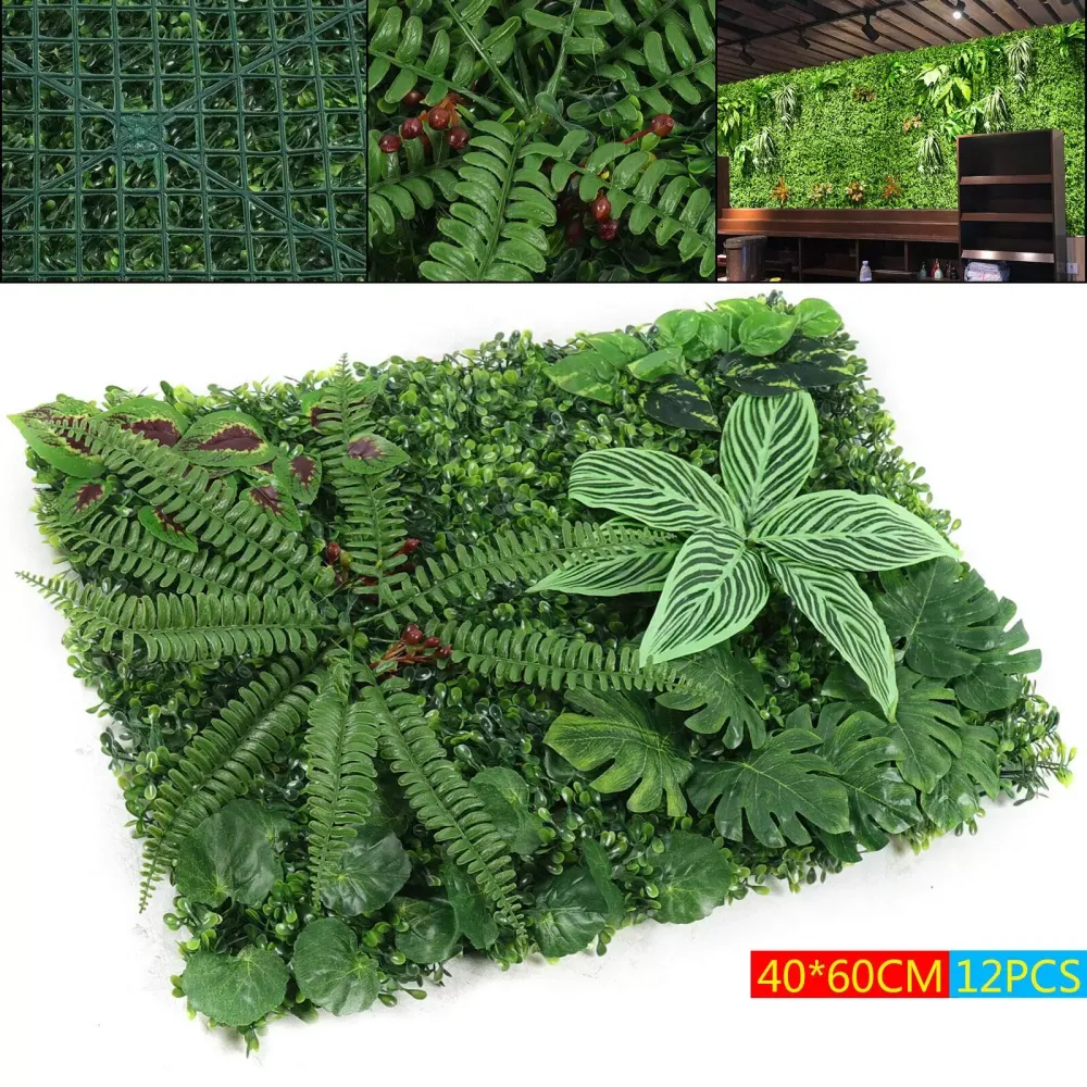 Paneles de seto artificiales, decoración de jardín y pared, césped grueso, duradero, hoja realista, 12 unidades 40 x 60 cm