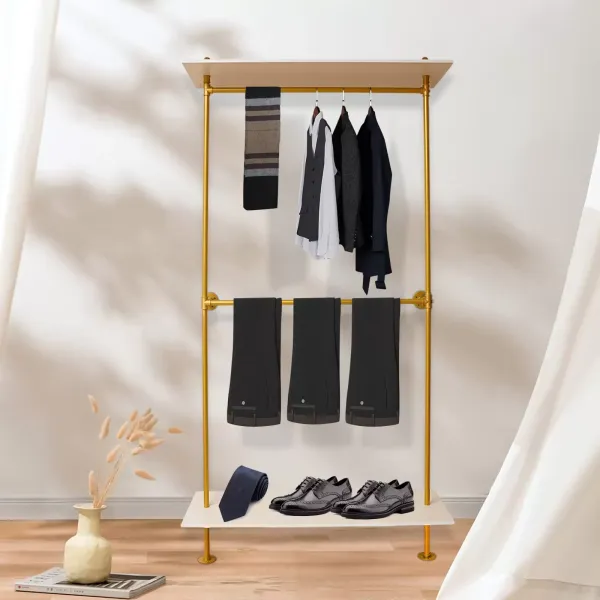 Perchero de hierro dorado con estantes, vestido de boda, perchero para ropa extraíble, estantería para la ropa sucia (120 x 45 x 234 cm)