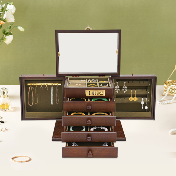 Joyero grande, joyero, 4 cajones, caja de almacenamiento para anillos de joyería con espejo/cerradura Joyero grande, joyero, 4 cajones, caja de almacenamiento para anillos de joyería con espejo/cerradura