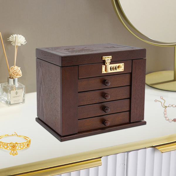 Joyero grande, joyero, 4 cajones, caja de almacenamiento para anillos de joyería con espejo/cerradura