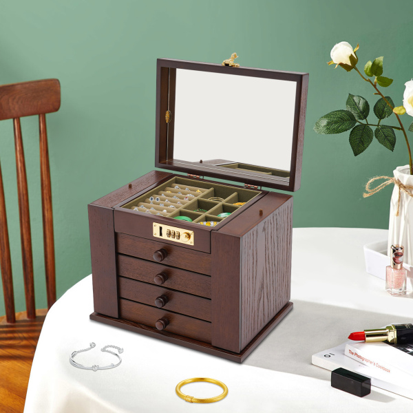 Joyero grande, joyero, 4 cajones, caja de almacenamiento para anillos de joyería con espejo/cerradura