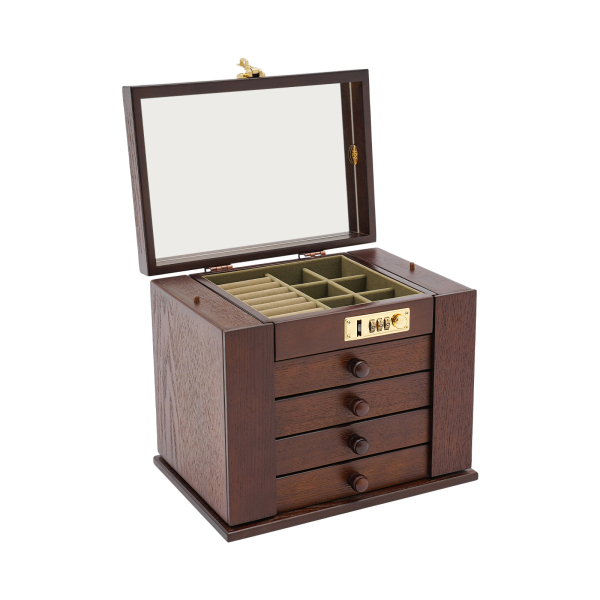Joyero grande, joyero, 4 cajones, caja de almacenamiento para anillos de joyería con espejo/cerradura