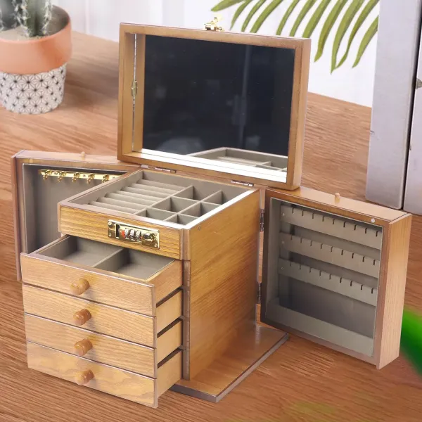 Joyero de madera grande, armario de joyería, vitrina para joyas, armario de caja, collar, anillo de almacenamiento con cerradura