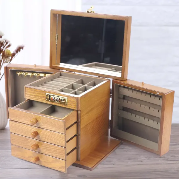Joyero de madera grande, armario de joyería, vitrina para joyas, armario de caja, collar, anillo de almacenamiento con cerradura