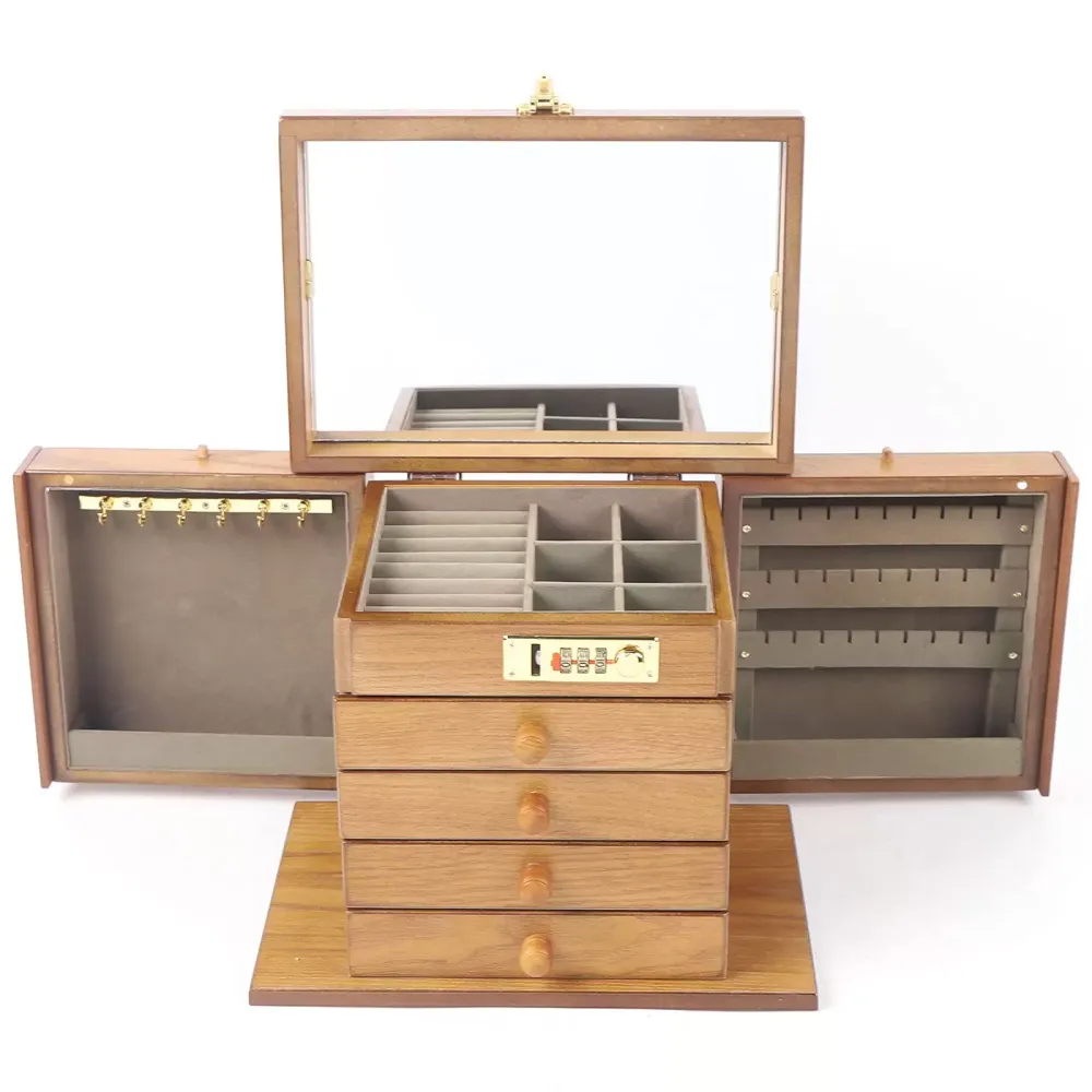 Joyero de madera grande, armario de joyería, vitrina para joyas, armario de caja, collar, anillo de almacenamiento con cerradura