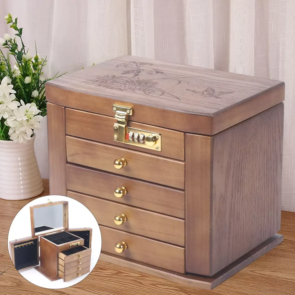 Joyero retro de madera de 5 capas con espejo, cerradura de combinación, cajón, regalo ideal para el día de San Valentín, Día de la Madre