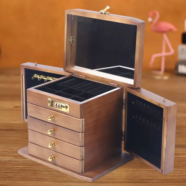 Joyero retro de madera de 5 capas con espejo, cerradura de combinación, cajón, regalo ideal para el día de San Valentín, Día de la Madre Joyero retro de madera de 5 capas con espejo, cerradura de combinación, cajón, regalo ideal para el día de San Valentín, Día de la Madre