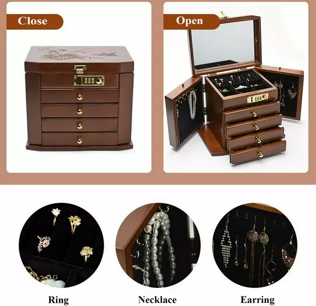 Joyero retro de madera de 5 capas con espejo, cerradura de combinación, cajón, regalo ideal para el día de San Valentín, Día de la Madre