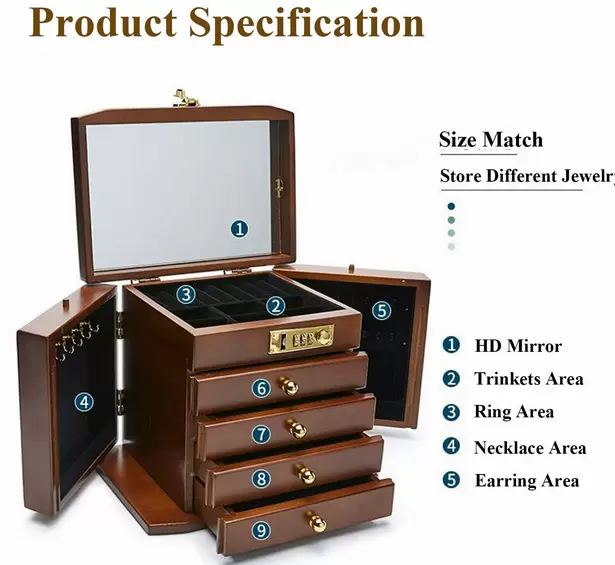 Joyero retro de madera de 5 capas con espejo, cerradura de combinación, cajón, regalo ideal para el día de San Valentín, Día de la Madre