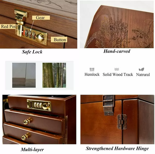 Joyero retro de madera de 5 capas con espejo, cerradura de combinación, cajón, regalo ideal para el día de San Valentín, Día de la Madre