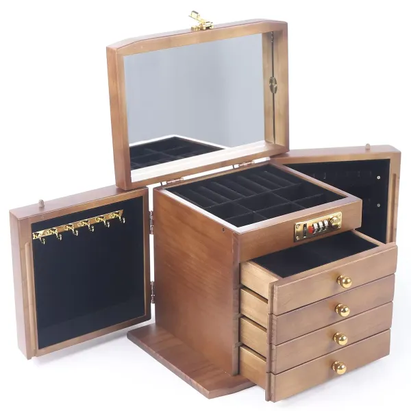 Joyero retro de madera de 5 capas con espejo, cerradura de combinación, cajón, regalo ideal para el día de San Valentín, Día de la Madre