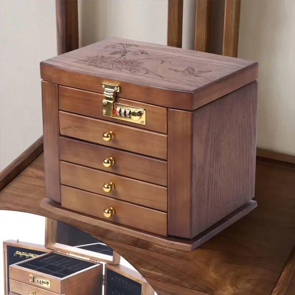 Joyero retro de madera de 5 capas con espejo, cerradura de combinación, cajón, regalo ideal para el día de San Valentín, Día de la Madre
