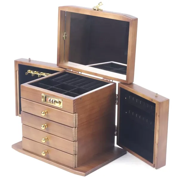 Joyero retro de madera de 5 capas con espejo, cerradura de combinación, cajón, regalo ideal para el día de San Valentín, Día de la Madre