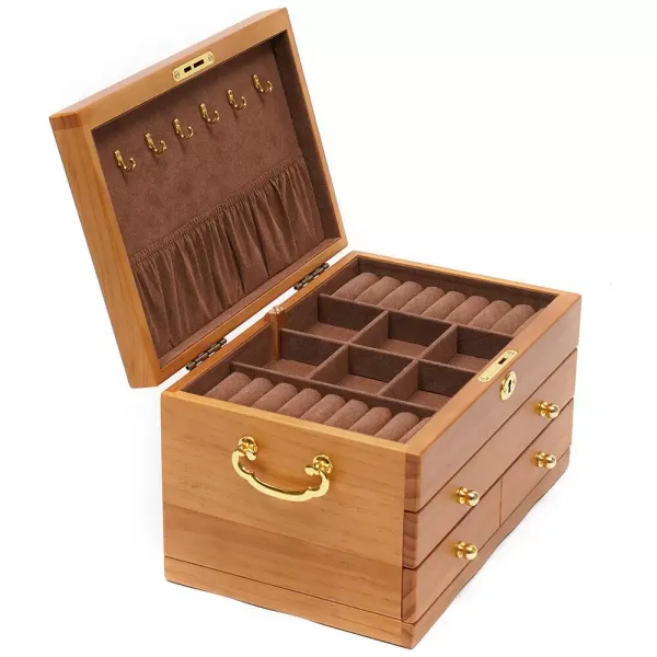 CNCEST Joyero de 3 capas de madera, gran capacidad, con candado, vintage, organizador para anillos, collares, relojes