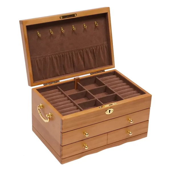 CNCEST Joyero de 3 capas de madera, gran capacidad, con candado, vintage, organizador para anillos, collares, relojes