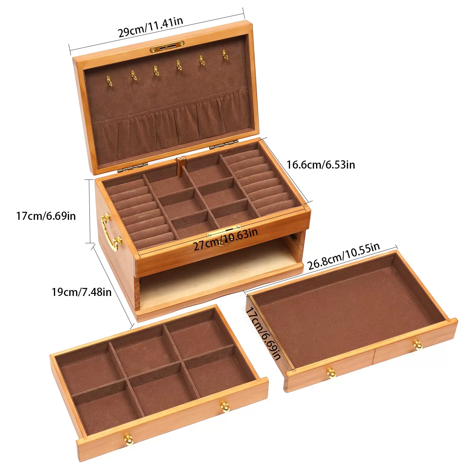 CNCEST Joyero de 3 capas de madera, gran capacidad, con candado, vintage, organizador para anillos, collares, relojes