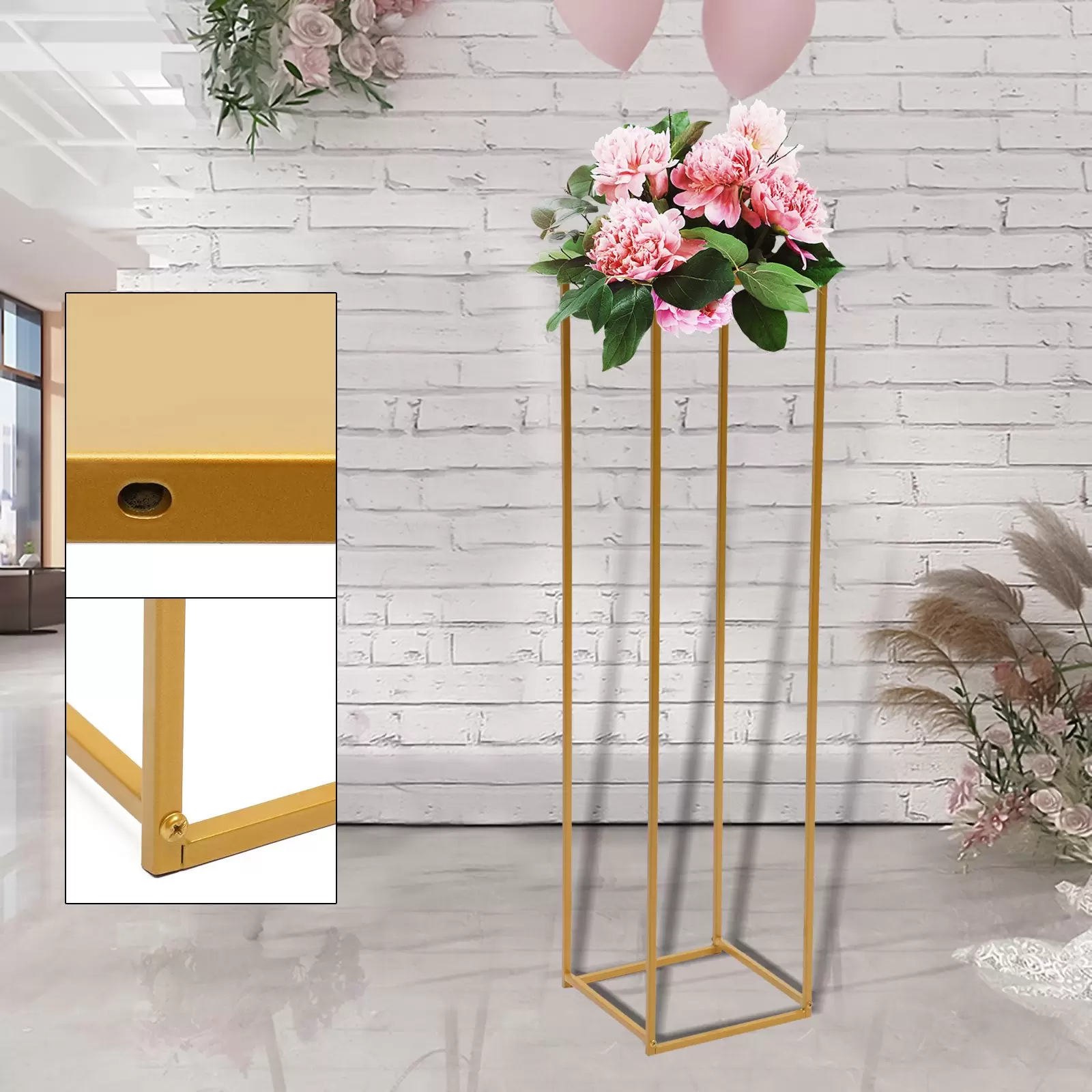 Soporte dorado para flores con geometría altura de 100 cm, soporte de metal para decoración de bodas 9,84 x 9,84 x 39,37 pulgadas