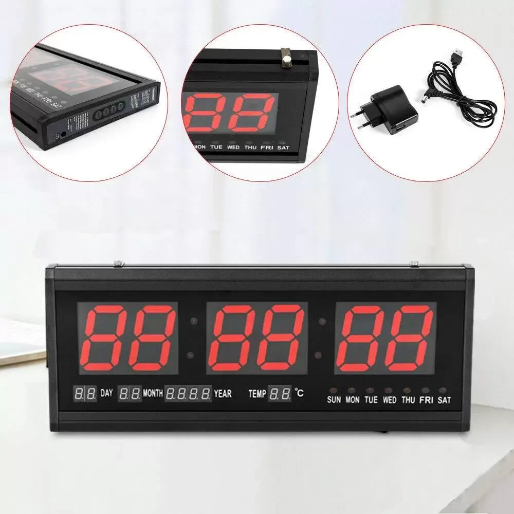 Reloj de pared digital LED con calendario, fecha, temperatura, salón, 24 horas, para estudio, lugar público