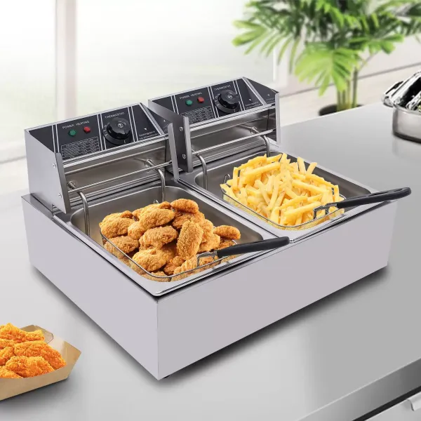 Freidora doble de 12 litros, de acero inoxidable, eléctrica, con 2 cestas y tapas para patatas fritas, pollo, restaurante, cocina en casa Freidora doble de 12 litros, de acero inoxidable, eléctrica, con 2 cestas y tapas para patatas fritas, pollo, restaurante, cocina en casa