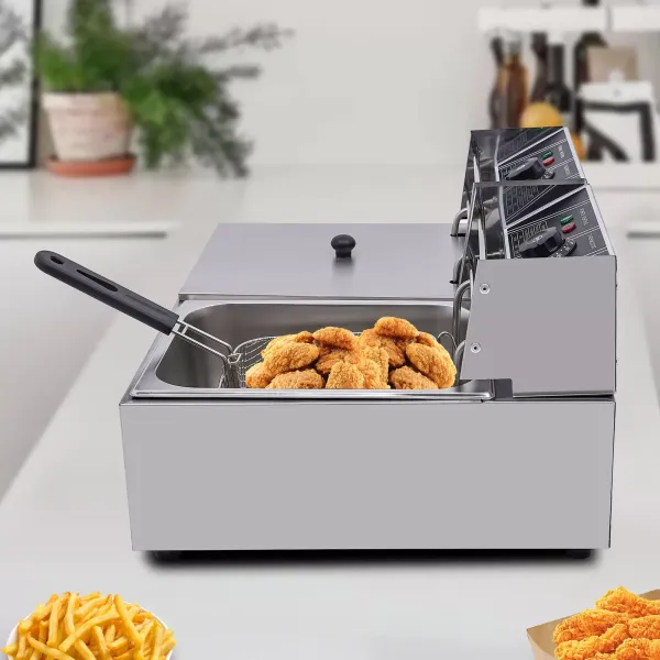 Freidora doble de 12 litros, de acero inoxidable, eléctrica, con 2 cestas y tapas para patatas fritas, pollo, restaurante, cocina en casa
