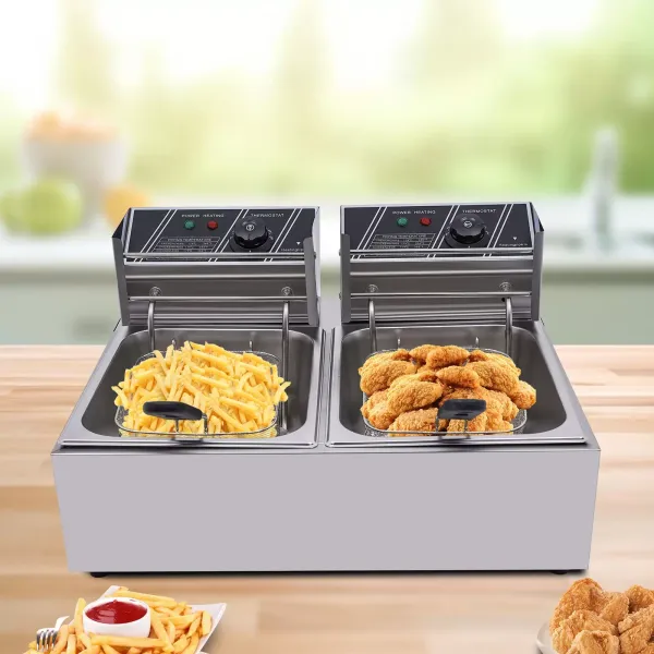 Freidora doble de 12 litros, de acero inoxidable, eléctrica, con 2 cestas y tapas para patatas fritas, pollo, restaurante, cocina en casa