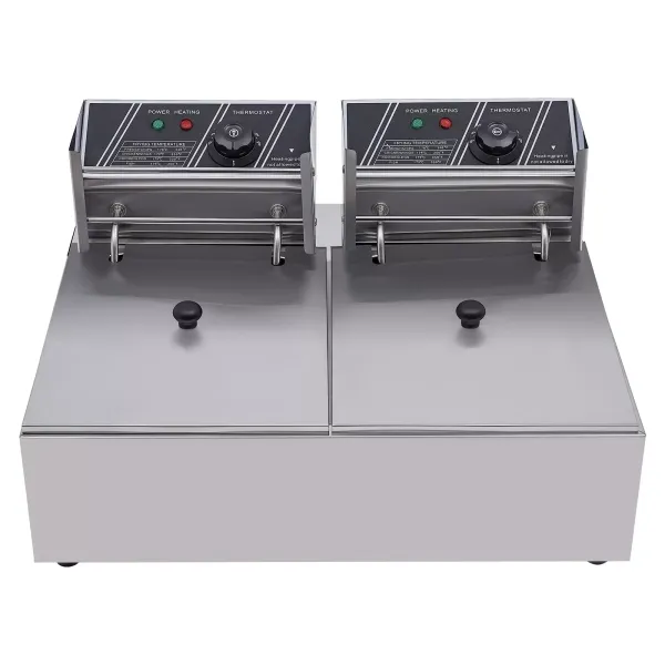 Freidora doble de 12 litros, de acero inoxidable, eléctrica, con 2 cestas y tapas para patatas fritas, pollo, restaurante, cocina en casa