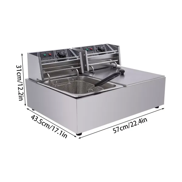 Freidora doble de 12 litros, de acero inoxidable, eléctrica, con 2 cestas y tapas para patatas fritas, pollo, restaurante, cocina en casa
