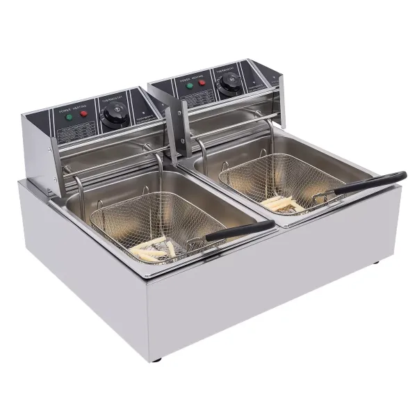 Freidora doble de 12 litros, de acero inoxidable, eléctrica, con 2 cestas y tapas para patatas fritas, pollo, restaurante, cocina en casa Freidora doble de 12 litros, de acero inoxidable, eléctrica, con 2 cestas y tapas para patatas fritas, pollo, restaurante, cocina en casa