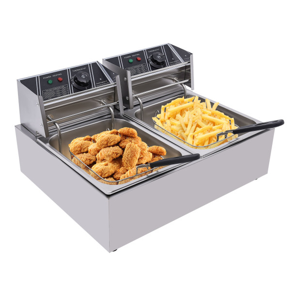 Freidoras de 12 L, 2500 W, para patatas fritas, pollo, restaurante, acero inoxidable, freír doble, freidora eléctrica comercial, con 2 cestas y tapas