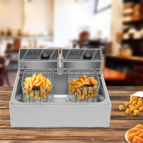 Freidoras de 12 L, 2500 W, para patatas fritas, pollo, restaurante, acero inoxidable, freír doble, freidora eléctrica comercial, con 2 cestas y tapas