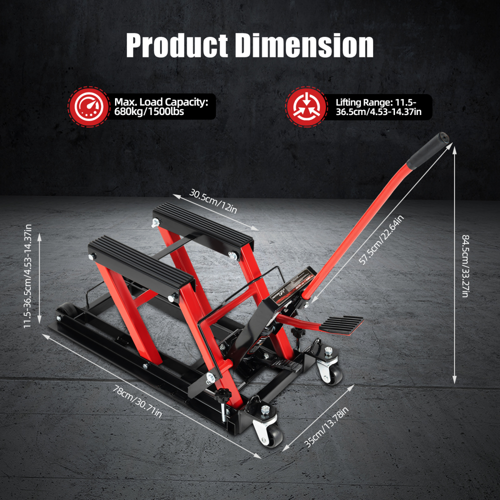 Gato de motocicleta, Plataforma elevadora hidráulica para motocicleta ATV，hasta 680 kg, almohadilla de goma gruesa, el ayudante ideal para el taller
