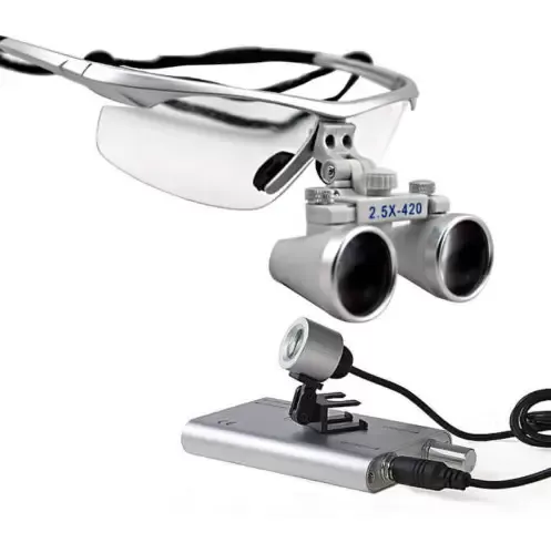 Lupa de trabajo binoculares con faros LED, aumento 2,5 x, distancia de trabajo 420 mm