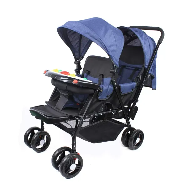 Cochecito plegable doble con cinturones de seguridad, ruedas bloqueables, cojín para dormir y mesa de alimentación