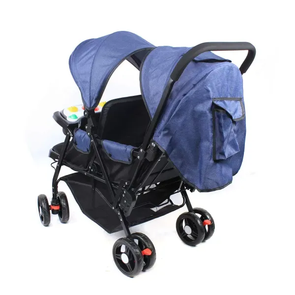 Cochecito plegable doble con cinturones de seguridad, ruedas bloqueables, cojín para dormir y mesa de alimentación