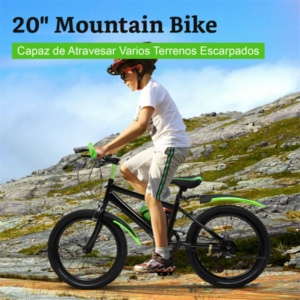 Bicicleta de montaña de 20 pulgadas, para niños y niñas con freno de doble disco, de acero al carbono de 7 velocidades, máx. 85 kg, color verde