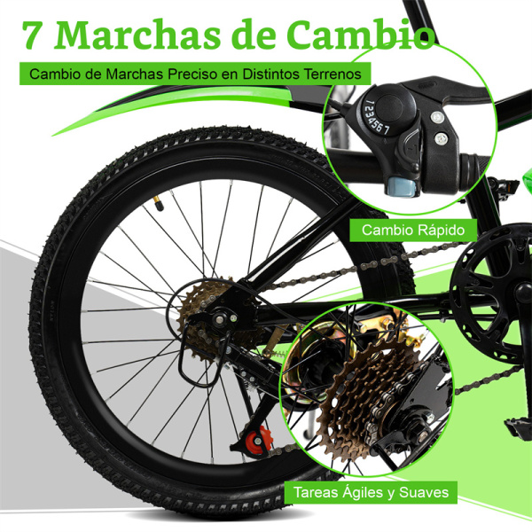 Bicicleta de montaña de 20 pulgadas, para niños y niñas con freno de doble disco, de acero al carbono de 7 velocidades, máx. 85 kg, color verde