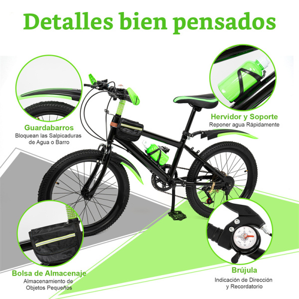 Bicicleta de montaña de 20 pulgadas, para niños y niñas con freno de doble disco, de acero al carbono de 7 velocidades, máx. 85 kg, color verde