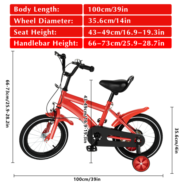 Bicicleta infantil de 14 pulgadas, para niños y niñas, altura del asiento ajustable con ruedas de apoyo desmontables, antideslizante (rojo)