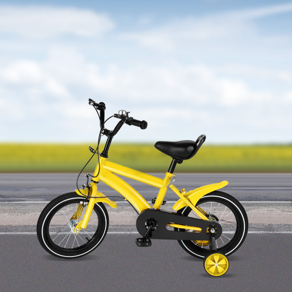 CNCEST Bicicleta infantil de 14 pulgadas para niños y niñas 95-125 cm, con ruedas de apoyo, freno de mano, manillar acolchado, color amarillo