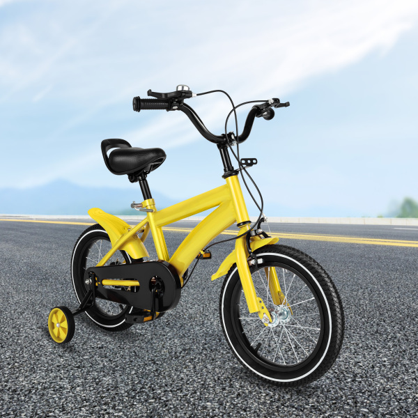 CNCEST Bicicleta infantil de 14 pulgadas para niños y niñas 95-125 cm, con ruedas de apoyo, freno de mano, manillar acolchado, color amarillo