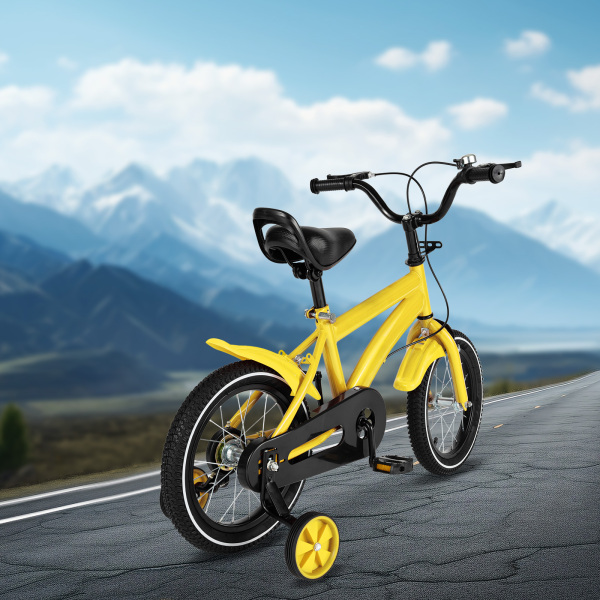 CNCEST Bicicleta infantil de 14 pulgadas para niños y niñas 95-125 cm, con ruedas de apoyo, freno de mano, manillar acolchado, color amarillo