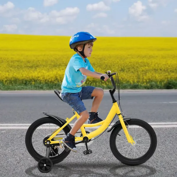 Bicicleta infantil de 16 pulgadas, para niños y niñas de 5 a 8 años, marco de acero al carbono, con ruedas de apoyo, doble freno, amarillo