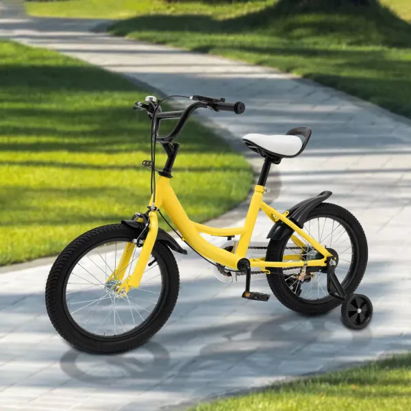Bicicleta infantil de 16 pulgadas, para niños y niñas de 5 a 8 años, marco de acero al carbono, con ruedas de apoyo, doble freno, amarillo