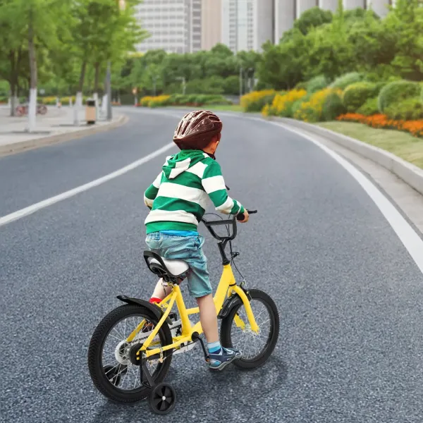 Bicicleta infantil de 16 pulgadas, para niños y niñas de 5 a 8 años, marco de acero al carbono, con ruedas de apoyo, doble freno, amarillo