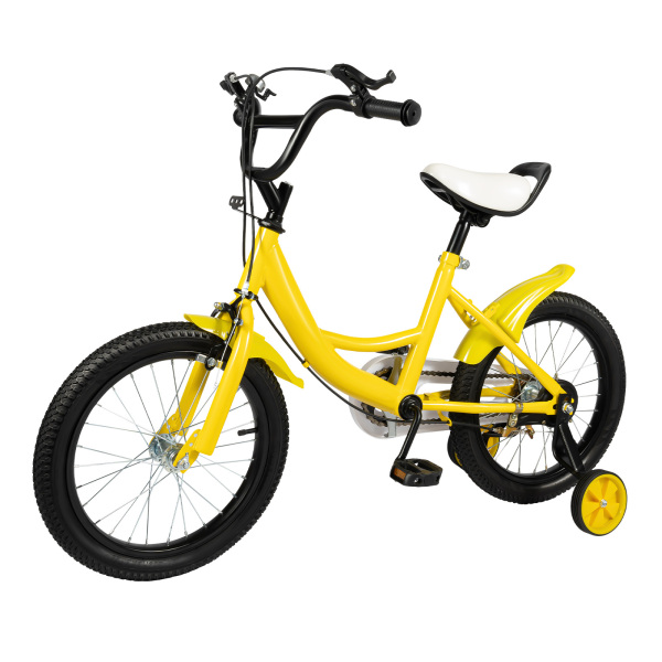 Bicicleta infantil de 16 pulgadas, para niños y niñas de 5 a 8 años, marco de acero al carbono, con ruedas de apoyo, doble freno, amarillo Bicicleta infantil de 16 pulgadas, para niños y niñas de 5 a 8 años, marco de acero al carbono, con ruedas de apoyo, doble freno, amarillo