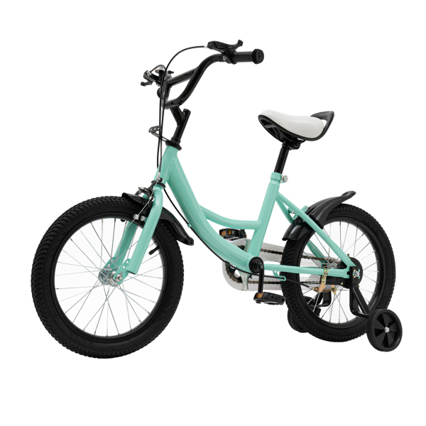 Bicicleta infantil de 16 pulgadas para niños, con ruedas auxiliares, marco de acero al carbono, tecnología de freno doble (verde)